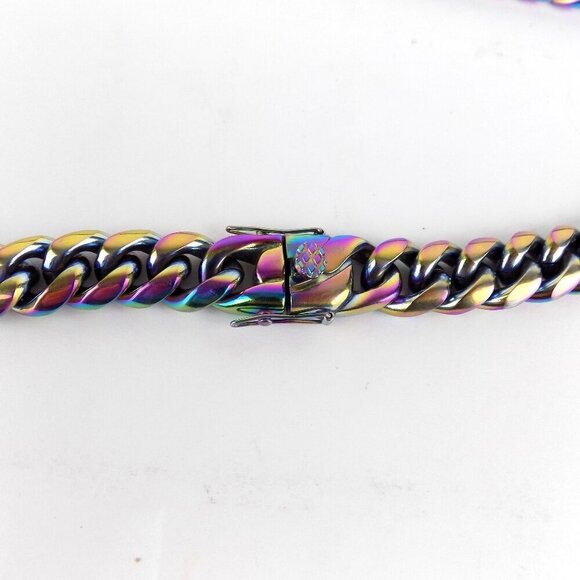 Miami Iridescent Rainbow Cuban Chain Necklace 32" Stainless Steel Heavy Chunky - Picture 5 of 7